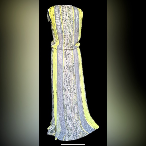 BCBG Maxazria Silk Dress Yellow Lace Novelty Snake Striped Print Front Slit Maxi - Picture 3 of 10